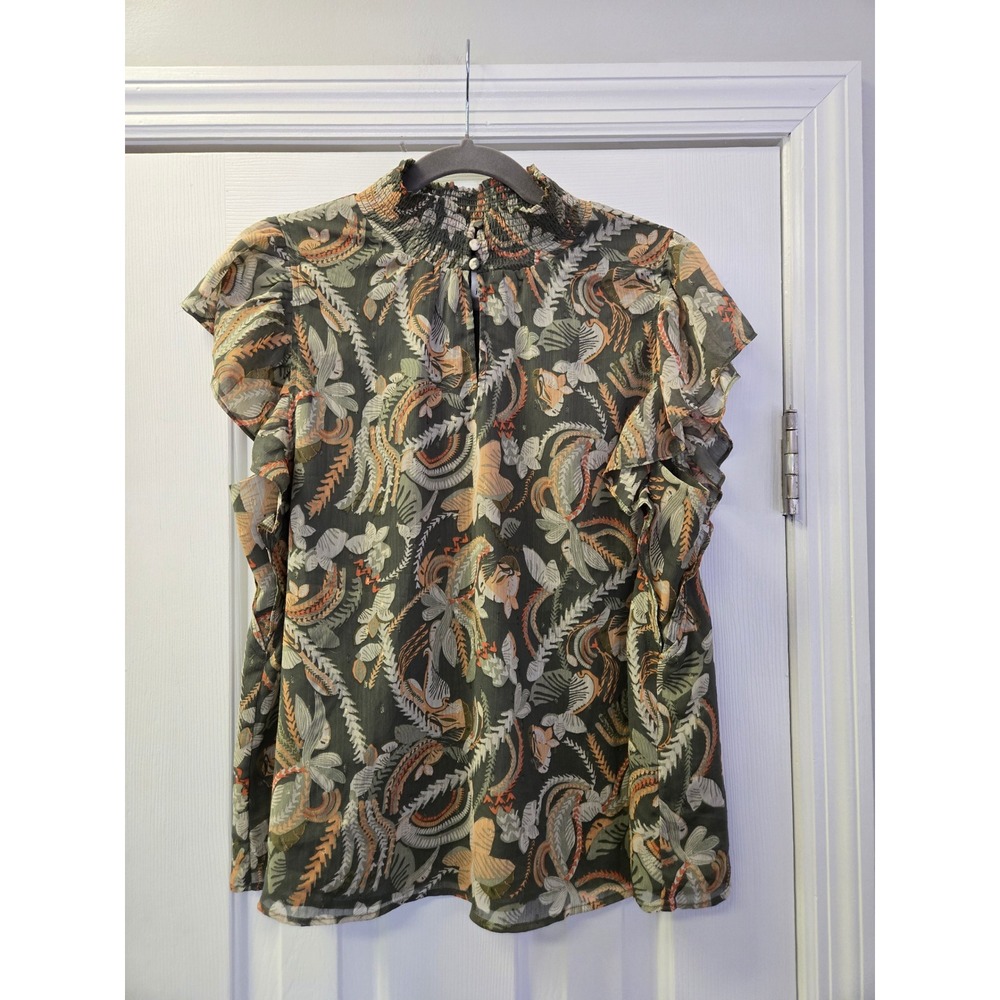Joie Olive Green Paisley Smocked High Neck Ruffle Cap Sleeve Blouse Large‎ Lined